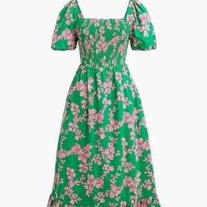 Like New J. Crew Green Pink Blush Floral Puff Sleeve Smocked Ruffle Dress
